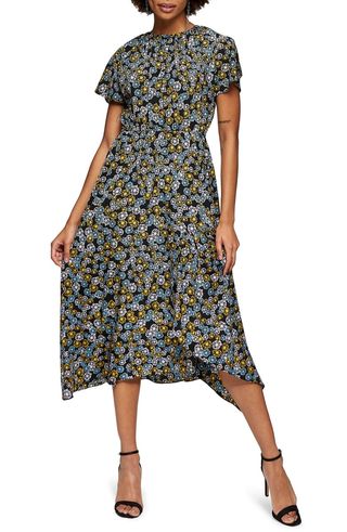 Topshop + Floral Print Ruched Neck Midi Dress