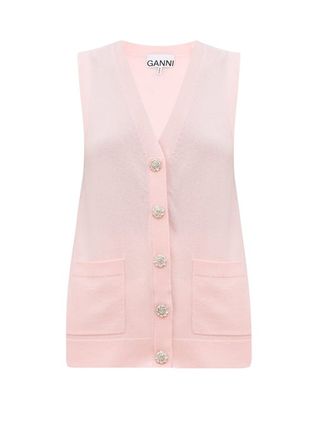 Ganni + Crystal-Button Sleeveless Cashmere Cardigan