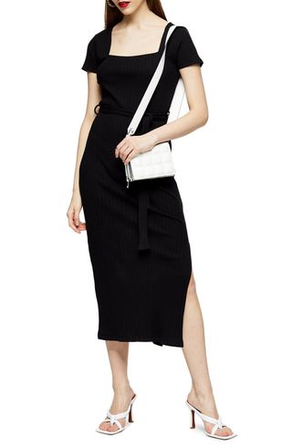 Topshop + Square Neck Belted Ribbed Midi Dress