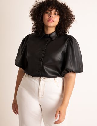 Eloquii + Faux Leather Puff Sleeve Top