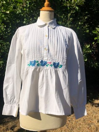 Vintage + 1980s Pure White Cotton Oversized Blouse With Pleated Bi