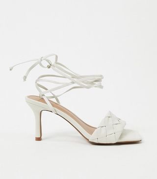 Who What Wear + Meara Woven Tie Up Heeled Sandals in White Leather