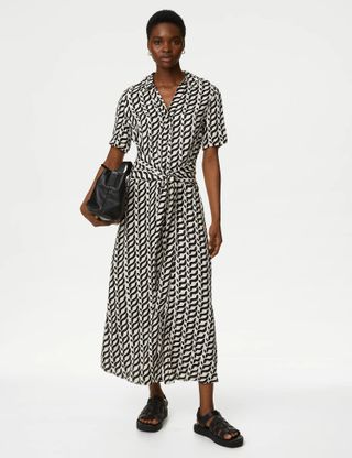 M&S Collection + Printed Collared Belted Midi Shirt Dress