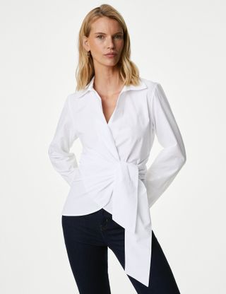 M&S Collection + Pure Cotton Collared Tie Front Shirt