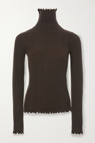 Lvir + Distressed Ribbed-Knit Turtleneck Sweater