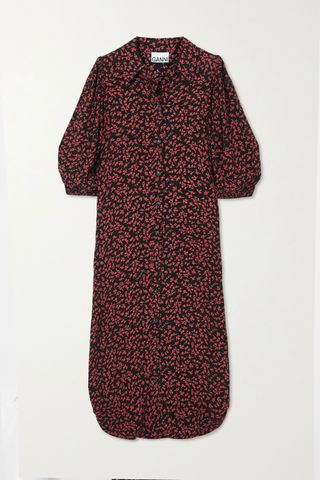Ganni + Floral-Print Crepe Midi Shirt Dress