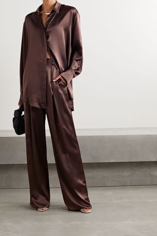 Michael Lo Sordo + Pleated Silk-Satin Wide-Leg Pants