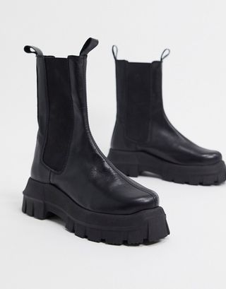 Asos Design + Aqum Premium Leather Chunky Chelsea Boots in Black
