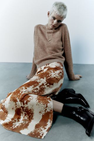 Zara + Printed Satin Skirt
