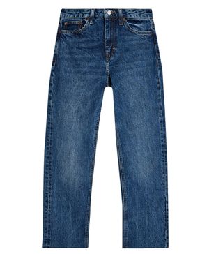 Topshop + Mid Blue Raw Hem Organic Cotton Straight Jeans