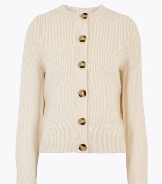 M&S Collection + Ribbed Crew Neck Button Front Cardigan