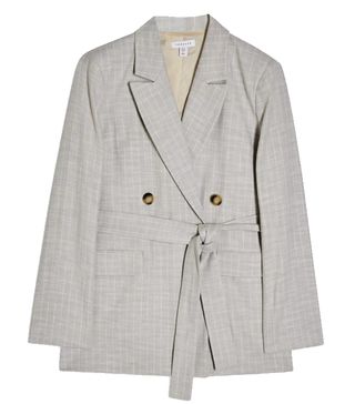 Topshop + Grey Belted Double Breasted Suit Blazer