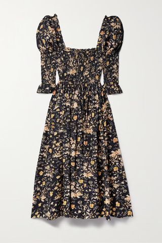 Dôen + Bijou Shirred Floral-Print Organic Cotton-Poplin Maxi Dress