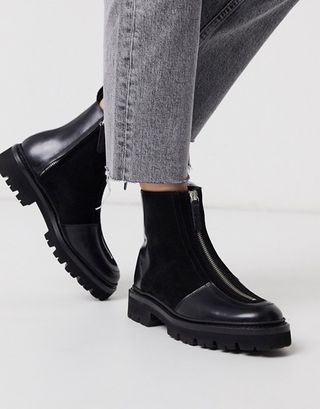 Grenson + Zadie Leather Faux Fur Lined Zip Hiker Boots in Black