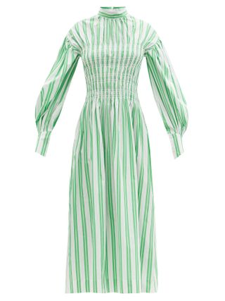 Ganni + Smocked-bodice striped cotton-poplin midi dress