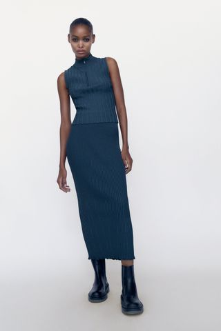 Zara + Ribbed Knit Midi Skirt