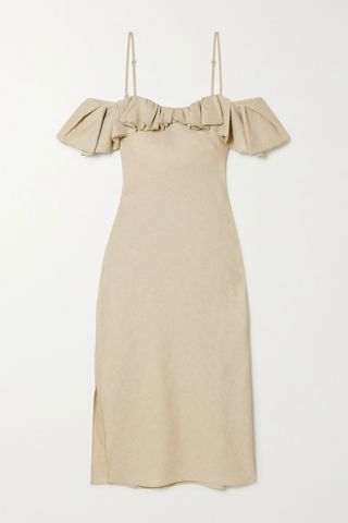 Jacquemus + Pampelonne Cold-Shoulder Ruffled Cotton and Linen-Blend Midi Dress