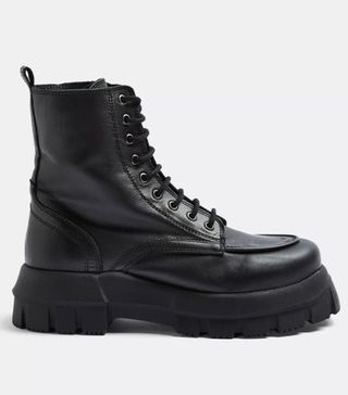 Topshop + Ava Black Leather Chunky Lace Up Boots