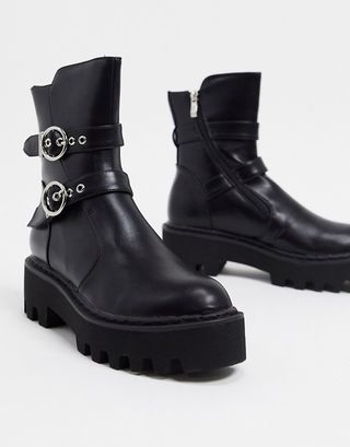 Lamoda + Chunky Flat Boots With Double Buckle in Black