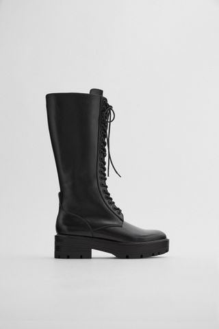 Zara + High Shaft Low Heel Laced Boots