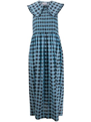 Ganni + Checkered Oversized Collar Midi Dress