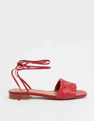 Who What Wear + Marlena Woven Tie Up Flat Sandals in Red Leather