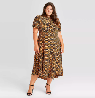 Who What Wear + Geometric Print Puff Short Sleeve Tiered Ruffle Dress