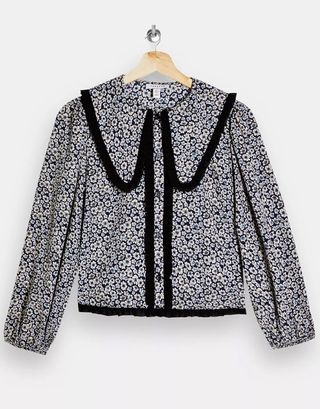 Topshop + Blue Oversized Collar Ditsy Blouse