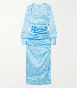 Ganni + Ruched Floral-Print Stretch Silk-Satin Midi Dress