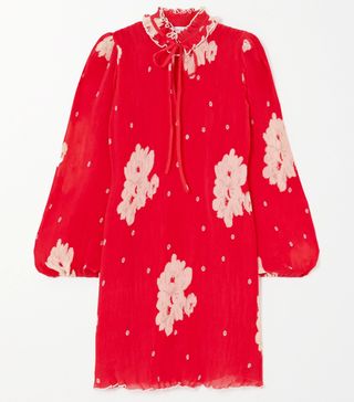 Ganni + Ruffled Floral-Print Plissé-Georgette Mini Dress