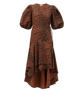 Ganni + Puff-Sleeve Leopard-Print Wrap Dress