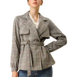Allegra K + Plaid Jacket Button Belted Outwear