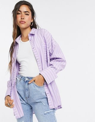ASOS Design + Long Sleeve Oversized Dad Shirt in Cotton in Lilac Stripe