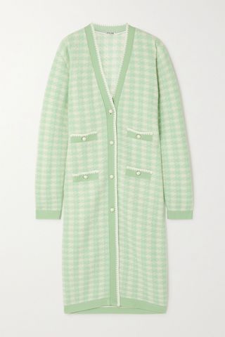 Miu Miu + Faux Pearl-Embellished Houndstooth Wool-Blend Cardigan