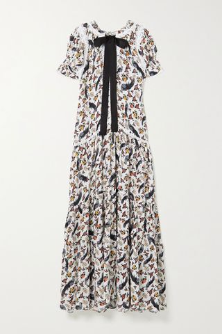 Lug Von Siga + Gloria Pussy-Bow Crochet-Trimmed Printed Crepe Maxi Dress