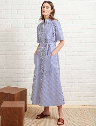Cefinn + Brooklyn Cotton Short Sleeve Maxi Shirt Dress - Navy/White Stripe