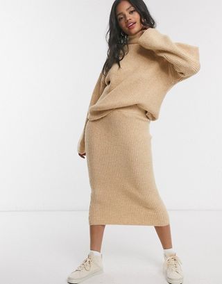 ASOS Design + Fluffy Roll Neck Sweater and Skirt in Camel