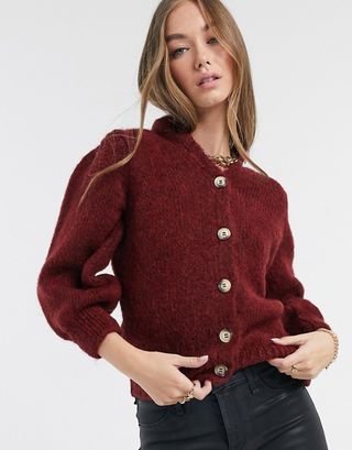 Vero Moda + Knitted Cardigan With Contrast Buttons in Dark Red