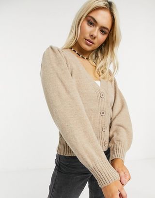 ASOS Design + V Neck Cardigan With Puff Sleeve in Taupe