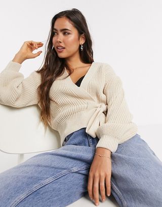 ASOS Design + Wrap Cardigan With Tie Front in Stone