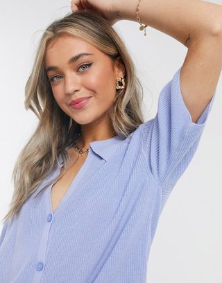 ASOS Design + Collared Jumper With Button Placket Detail in Light Blue