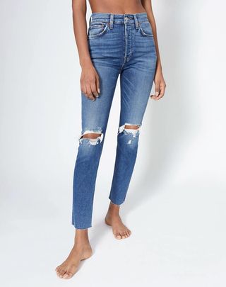 RE/DONE + Comfort Stretch High Rise Ankle Crop Jeans in Dusk Destroy