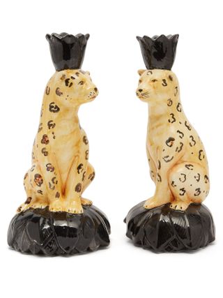 Les Ottomans + Set of Two Cheetah Ceramic Candlesticks