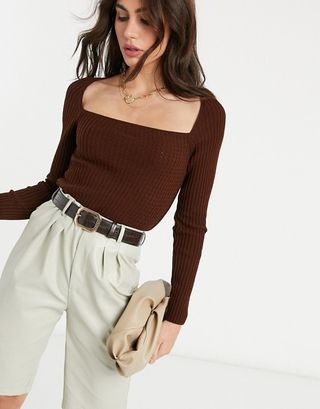 ASOS Design + Textured Stitch Jumper With Square Neck in Brown
