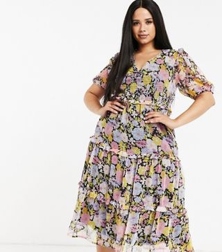 Neon Rose + Midi Dress With Tiered Ruffle Skirt and Bow Back in Floral