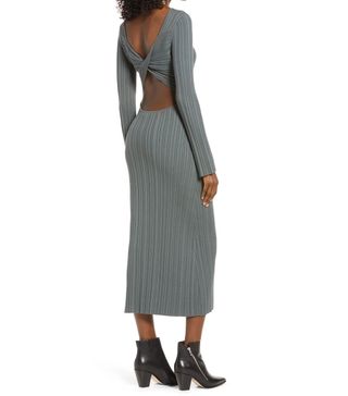 Open Edit + Twist Back Ribbed Long Sleeve Midi Dress