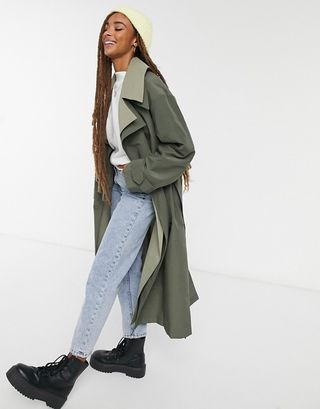 ASOS Design + Double Layered Trench Coat in Green