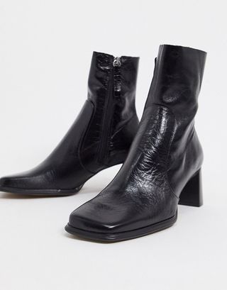 Asos Design + Roisin Premium Leather Square Toe Boots in Black