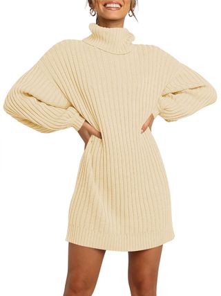 Anrabess + Turtleneck Long Lantern Sleeve Casual Loose Oversized Sweater Dress