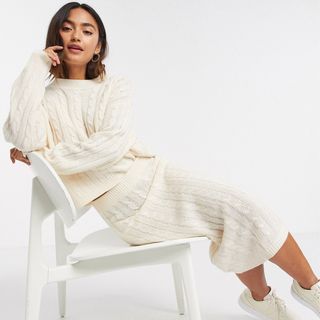 ASOS + 2 Piece Cable Knit Sweater and Midi Skirt Set in Ivory